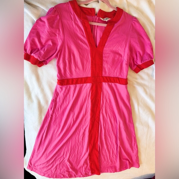 BODEN Petra Puff Sleeve Ponte Midi Dress Sangria Sunset Pink & Red Colorblock - Picture 7 of 15